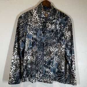 Misook Multi Color Animal‎ Print Liquid Knit Full Zip Blouse Womens Sz S